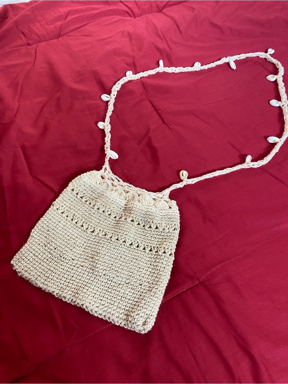 Handmade Crochet Cream Crochet Shoulder Bag with Cowrie Shells Strap